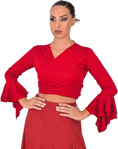 Bolero con motivo fenicottero, in tessuto elasticizzato, a maniche lunghe, con due balze