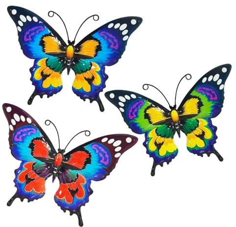 BSITSSS 3 PCS Metal Butterfly Wall Decor, 18x13cm Colorful Butterfly Metal Wall Art Sculpture Hanging Ornaments for Outside Garden Fence Yard Decorations