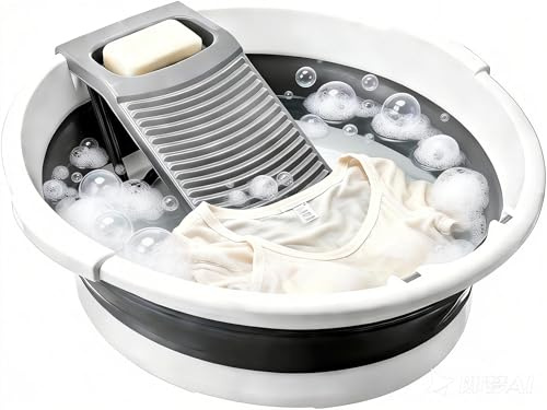 Large Collapsible Washboard Basin for Hand Washing Clothes, Foldable Laundry Tub with Built-In Scrubber, Space Saving Wash Basin for Apartments, RVs, Travel & Camping(Grey-white)