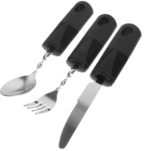 TOBBOMEY 3 piezas Cubiertos Antivibración para Mayores y Discapacitados Acero Inoxidable con Mango Antideslizante Adaptable para Pacientes con Temblor y