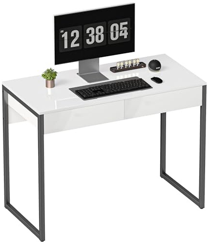 HOMCOM High Gloss Computer Desk with 2 Drawers 100 x 50 cm White and Black