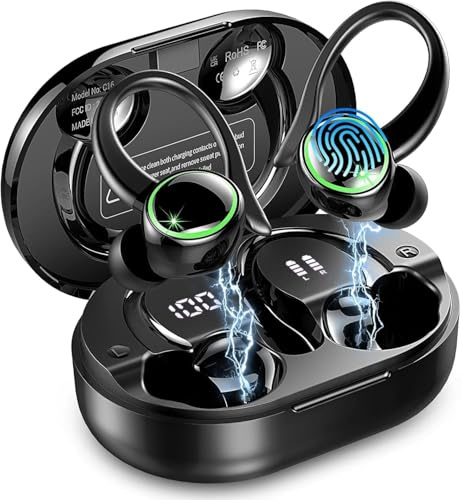 Cuffie Bluetooth 5.4 Sport, Auricolari Bluetooth con 6D Bass Stereo, 50 Ore Cuffie Wireless In Ear Cancellazione Rumore ENC e 4 HD Mics, IP7 Impermeabile Cuffie Senza Fili, HiFi Cuffiette LED Display