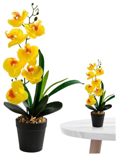 Bemonew Orchidee im Topf, realistische 43, 2 cm große gelbe künstliche Orchidee mit 7 Blütenköpfen und 4 Blättern, fühlt Sich echt an, dekorative Seidenblumen für Zuhause, Büro, Hochzeit