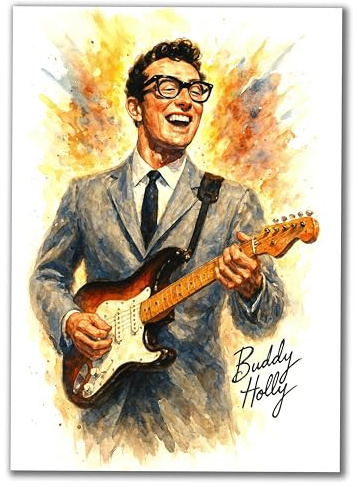Buddy Holly Watercolor Art A4 Print, Music Legend Portrait, Guitar Player Retro Wall Decor, Vintage Style Poster