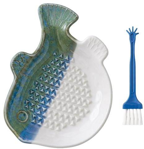 Garlic Grater Plate, Ceramic Grater Plate, for Kitchen Ingredient Preparation, Space-Saving Design with Cleaning Brush, Fish Blue Colour