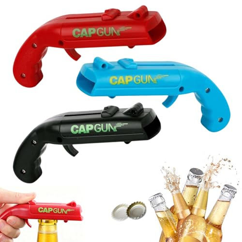 3 Piezas Cap Gun Abridor Pistola, Abridor Cerveza de Botellas de Cerveza Abrebotellas Pistola, Abrebotellas para Fiestas en Casa, Barbacoa al Aire Libre(Negro/Azul/Rojo)