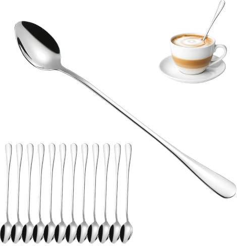 12 stycken latte macchiato-skedar, 19,5 cm långa glasskedar i rostfritt stål, glasskedar långa, cocktailskedar, långdrinskabar för iskaffe, isbägare, milkshake och desserter, diskmaskinssäkra