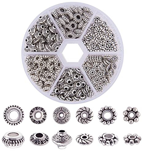 PH PandaHall 300pcs 6 Style Antique Silver Spacer Beads, Tibetan Metal Alloy Tube Spacers Flower Flat Rondelle Small Loose Beads for Bracelet Necklace Earring Jewelry Making Supplies