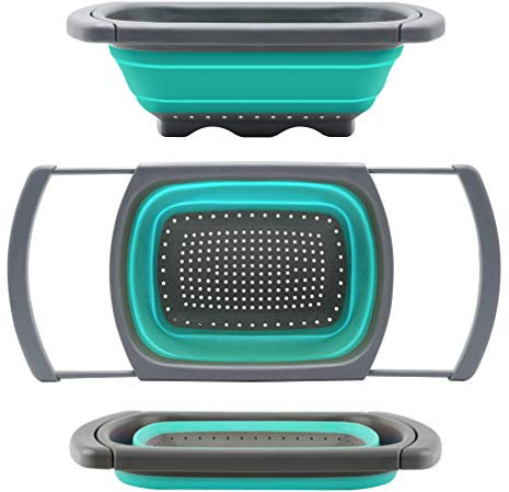 Qimh Colander collapsible, Colander Strainer Over The Sink Vegetable/Fruit Colanders Strainers With Extendable Handles, Folding Strainer for Kitchen,6 Quart