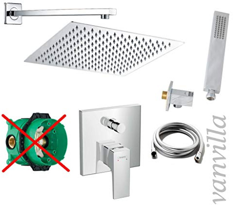 vanvilla Duschsystem Unterputz mit Duscharmatur Hansgrohe poliert HG21-ob | Duscharmatur von Hansgrohe Metropol Einhebelmischer und vanvilla Regendusche Duschkopf eckig, Dusch-SET poliert