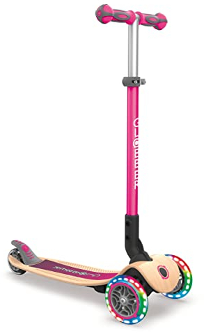 GLOBBER Primo Foldable Wood Lights – Tretroller, 120/80 mm, ABEC 5, 3-rädrig, LED-Leuchtrollen, Holzdeck, pink