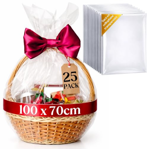 Bolsas Transparentes para Regalos - Set de 25 Bolsas Celofán (100 cm x 70 cm) - Ideales para Chuches, Regalos, Flores, Cestas, y Otras Manualidades