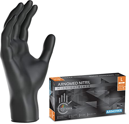 100x ARNOMED® Gants en nitrile taille L Noir, Gants à usage unique pour chirurgie & laboratoire, Gants en nitrile sans poudre et sans latex, Moufles en nitrile en XS, S, M, L, XL, XXL