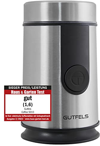 GUTFELS Kaffeemühle COFFEE 5010 | 50 g Kapazität | Edelstahl Gehäuse und Klingen | Kabelaufwicklung | Sichtfenster im Deckel | SAFE-CLOSE