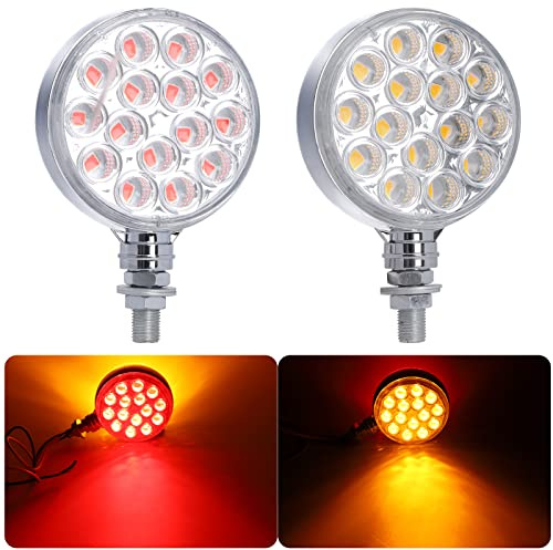 Double-Face Pedestal Fender Light Round Amber Stud Mount, 3 Inch 30 LED Clear Lens Rear Stop Turn Tail Signal Trailer Light for Semi Truck Peterbilt Kenworth Freightliner Towing Truck 2 Packs