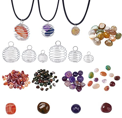 PandaHall Halsketten-Set Mit Steinhalter 12 Stück 6 Arten Spiralperlenkäfige Eisenkäfig-Anhänger Mit Schwarz Gewachster Halskettenkordel 5 Arten Narural-Achatperlen Für Die Schmuckherstellung