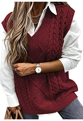Vancavoo Women Sweater Vest V-Neck Knitted Women's Sleeveless Pullover Solid Color Split Side Loose Jumper Ladies Gilet Tops Streetwear Knitwear Stylish Vintage Waistcoats Clothes (Wine red, L)
