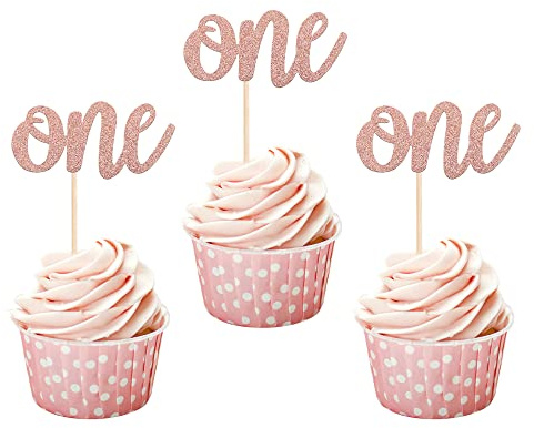 SYKYCTCY 24 Pack One Cupcake Toppers Glitter 1st Birthday Party Cupcake Food Picks Baby Shower Boys Girls Kids First Birthday Party Cake Decorations Supplies