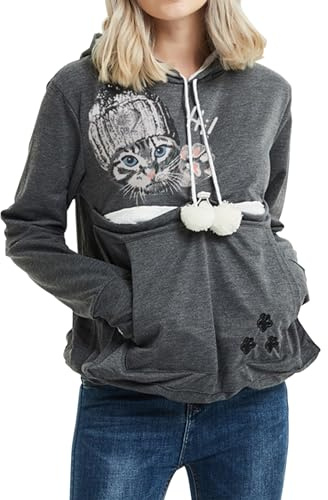 besbomig Huvtröja Dam med Kattväska - Super Mjuk Långärmad Huvtröja med Kattficka Casual Lätt Tröja Pullover Toppar Katthojtröja Höst och Vinter för Kvinnor