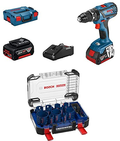 Bosch Professional Akku Schlagbohrschrauber GSB 18V-28 + 14 tlg. Expert Tough Material Lochsäge Set (für Holz mit Metall, Ø 20-76 mm, Zubehör Bohrmaschine)