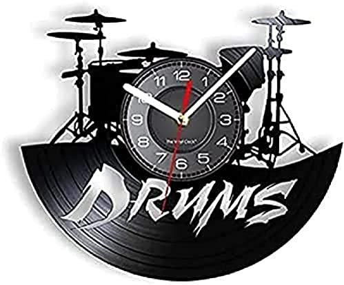 12 Pouces Horloge Murale silencieuse Batterie électrique sans tic-tac Illustration Vintage Horloge Murale Musique Performance décor Ensemble de Batterie Montre Rock and Roll Montre Batteur Cadeau