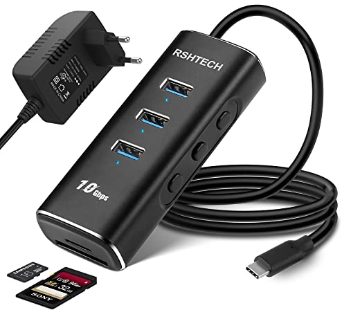 RSHTECH Aluminium 5-in-1 USB 3.2 Hub Gen2 Aktiv Mit Netzteil, SD/TF Kartenleser, 3 * 10Gbps Datenports, 10W 5V/2A Netzteil und 60cm Kabel (Typ-C zu Typ A)