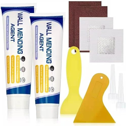 Wall Repair Kit,100% Safe Wall Spackle Repair Paste with 2 Drywall Patch, Sandpaper, Scraper for Quick Repair of Cracks, Graffiti, and Holes - Quick Drying Wall Hole Filler Kit
