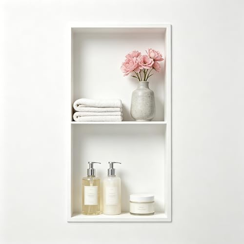 Bernkot Shower Niche Stainless Steel White 60 x 30 cm No Tiles Required Wall Recess Double Shelves Recessed Shower Niche for Bathroom Storage, Over-mounted