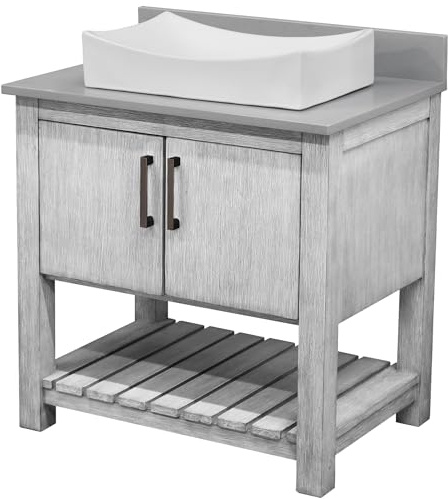 Miseno MV-30SG-NOBV-280-1141 30 Free Standing Single Basin Vanity Set with Cabinet, Porcelain Vessel Sink and Grey Quartz Vanity Top - Stonewash Grey/Storm Grey Top/Oil Rubbed Bronze Hardware