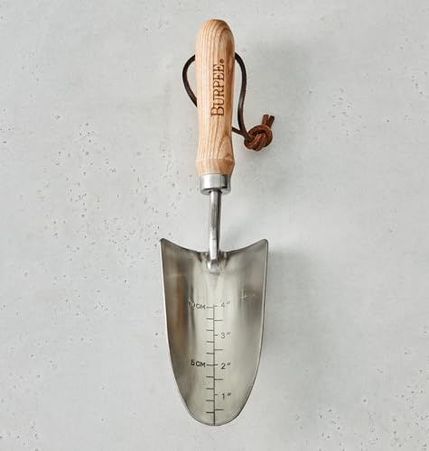 Burpee 13 Stainless Steel Trowel Durable Long Lasting Garden Tool Leather Wrist Strap 5 Handle, 10 Year Warranty, Oak
