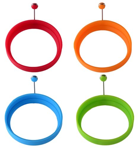 4Pcs Silicone Egg Rings, Non Stick Fried Egg Rings Cooking Rings Pancake Mould with Handle for Cooking Eggs, Pancakes (Red+Orange+Blue+Green)