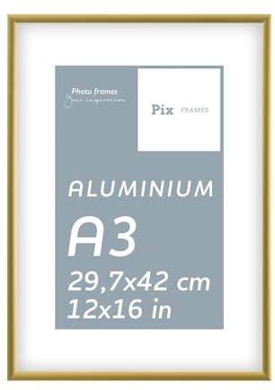 Pix FRAMES Bilderrahmen 29,7x42 (A3) aus Aluminium mit Acrylglas | Fotorahmen Metall – Gold – Vertikal & Horizontal Aufhängbar