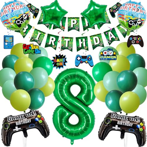 Geburtstagsdeko kind 8 Jahre, 38 Stück Gaming Motto Geburtstagsparty, Enthält Banner anu Zahlenballons hängende Wirbel, Kinder Videospiel Thema Party Dekorationsset