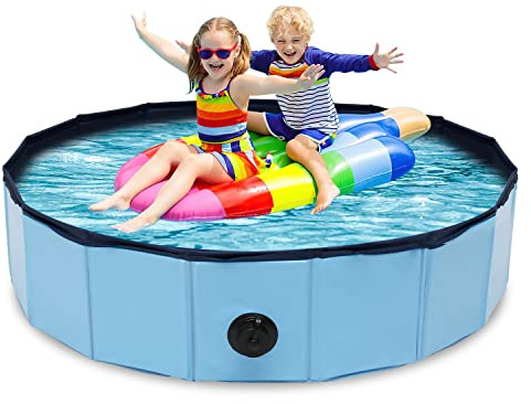 Herrselsam Faltbarer Hundepool 160 x 30cm, Swimmingpool für Große und Kleine Hundebadewanne Umweltfreundliche PVC, Verschleißfest und rutschfest, Hunde Pool mit Haustier Badebürste(blau)