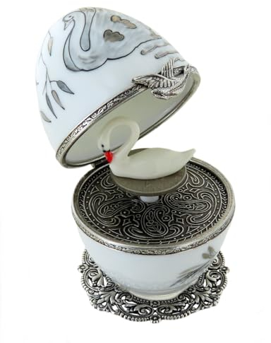 Lutèce Créations Musikalisches Ei im Fabergé-Stil aus Porzellan mit Spieluhr, Schwan und 18-Ton-Federspielwerk - Made in France - Schwanensee (P. I. Tschaikowski)