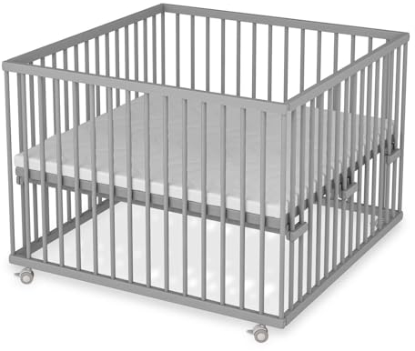 Sämann Laufstall Baby mit Matratze, Schlupfsprossen & Lattenrost | stufenlos höhenverstellbar | Laufgitter Premium | Babybett aus Holz | Krabbelgitter (grau, 100x100 cm)
