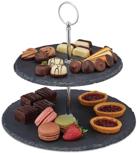 VIRSUS Alzata in Ardesia con 2 Ripiani Rotondi, Misura 25x22 cm, Struttura in Metallo con Gancio, 4 Piedini Antiscivolo, Centrotavola per Dolci, Frutta, Snack, Sushi, Formaggi -971