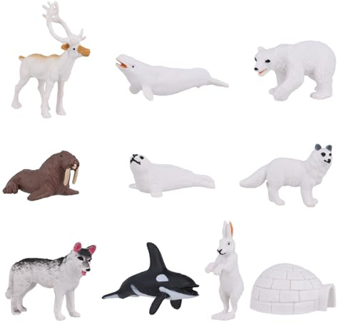 10pcs Arctic Animals Figurines Set, Polar Animal Toys Polar Animal Figures White Whale Arctic Fox Polar Bear Reindeer Mini Arctic Animals Cake Toppers for Kids Birthday Baby Shower