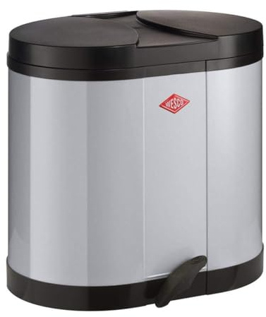 WESCO Ökosammler 170 in der Farbe grau, pulverbeschichtetes Stahlblech, zwei Kunststoffeinsätze mit je 15 Liter Volumen, Kunststoff-Fußtritt