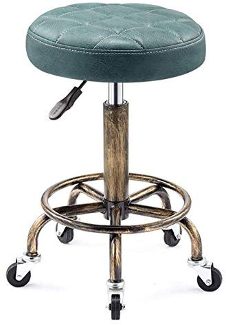 Anhebbarer, um 360 ° drehbarer Friseurstuhl, Retro-Make-up-Hocker, Friseurhocker, Maniküre-Hocker, runder Hocker aus PU-Leder, Seilzug, Schö,(Green a)