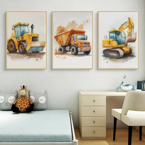 Viusneun Poster Kinderzimmer, 3er Set Bilder für Kinderzimmer und Babyzimmer Voller Kinderspaß Werkzeugwagen Wandbilder Ohne Rahmen Poster & Kunstdrucke (21 x 30 cm)