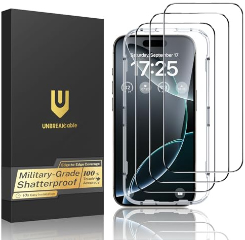 UNBREAKcable for iPhone 16 Pro Max Screen Protector, 3-Pack Full Coverage Tempered Glass [Military Grade Shatterproof][9H Hardness][Easy Installation Frame][Bubble Free] for iPhone 16 Pro Max 6.9