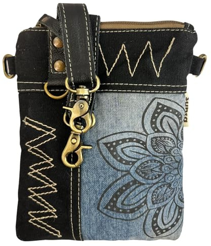 Sunsa Damen Umhängetasche klein nachhaltig Jeanstasche Blau schwarz/Mandala