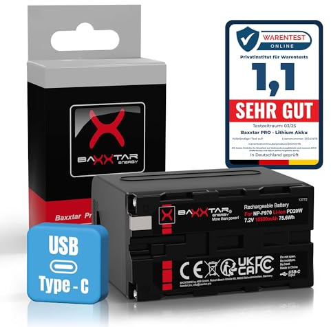 Baxxtar Pro Batterie NP-F970 10A Max (10500 mAh) avec USB-C PD 20W entrée/Sortie - Sortie USB-A 2A pour NP-F990, NP-F980, NP-F960, NP-F950, NP-F750 - Compatible avec caméscope, lumières LED