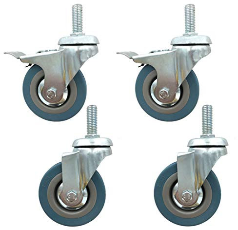 LFONDIGE Lenkrollen, 3 Zoll, 75 mm, robuste Möbel-Schwenkräder, bewegliche Räder, Gummi-Trolley, Ersatz-Drehgelenk, Gewindeschaft hoch 30 mm, Tragfähigkeit 90 kg, 4 Stück/Bremse + Universal/M8