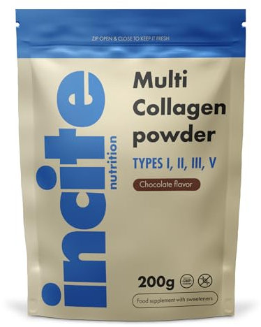 Incite Nutrition Multi Collagene in Polvere Gusto Cioccolato 200 g. Fonte di Collagene Tipo 1, 2,3 e 5. Integratore Essenziale per Pelle, Articolazioni, Ossa, Capelli, Unghie e Muscoli.
