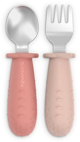 Suavinex Posate Apprendimento Bambini, Cucchiaio e Forchetta, +6 Mesi, Rosa