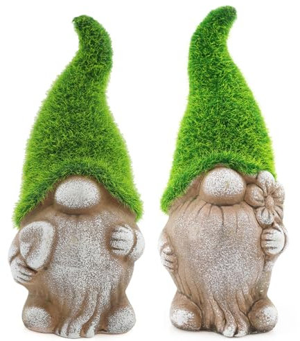 Mossy Hat - Gnomo da giardino con cappello verde floccato che tiene una vanga, confezione da 2 – 18 cm/18 cm, statuetta decorativa per patio, balcone, cortile, prato
