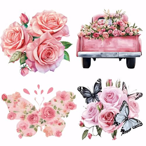 SUPERDANT 4PCS Pink Roses Iron on Transfers Butterfly Flowers Heat Transfer Stickers T-Shirt Printing Heat Transfesr Vinyl for T-Shirt Canvas Bags Jackets DIY Crafts