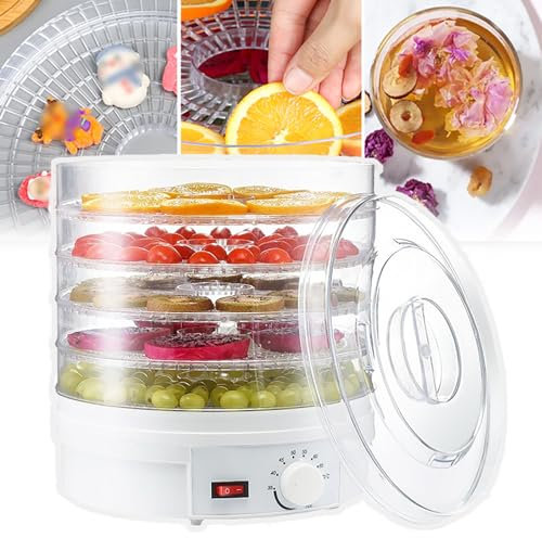 XSDAJSD Deshidratador de Alimentos, con 5 bandejas + Ajuste de Temperatura: 35-70 ℃, Aire Caliente de 360 ° + 5 h, Solo Requiere 1 kWh, 7 Niveles de Ajuste, para secar Frutas, Carne, A